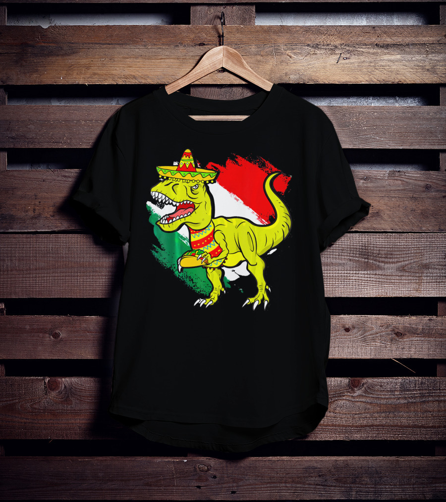 Tacosaurus Rex Sombrero Mexican Flag Cinco De Mayo Mexican Pride T-Shirt