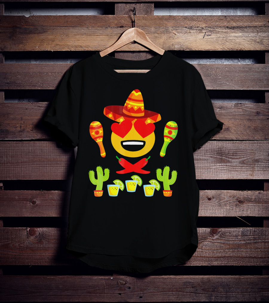 Fiesta Cinco De Mayo Emoji Heart Eyes Sombrero Maracas Cactus Peppers Margaritas T-Shirt