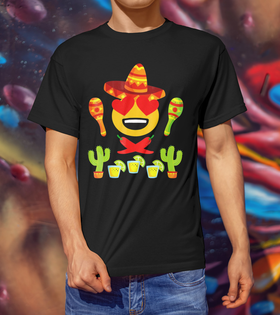 Fiesta Cinco De Mayo Emoji Heart Eyes Sombrero Maracas Cactus Peppers Margaritas T-Shirt