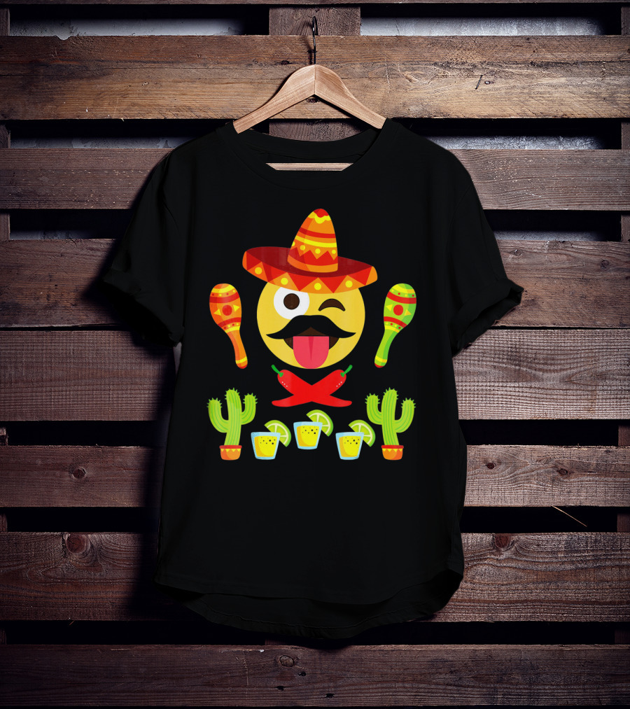Cinco De Mayo Winking Emoji Sombrero Maracas Cactus Tequila Peppers T-Shirt