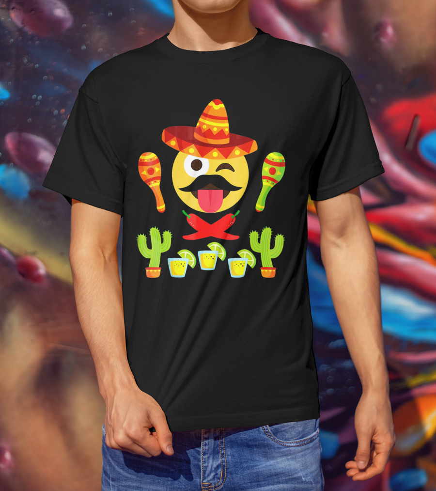 Cinco De Mayo Winking Emoji Sombrero Maracas Cactus Tequila Peppers T-Shirt