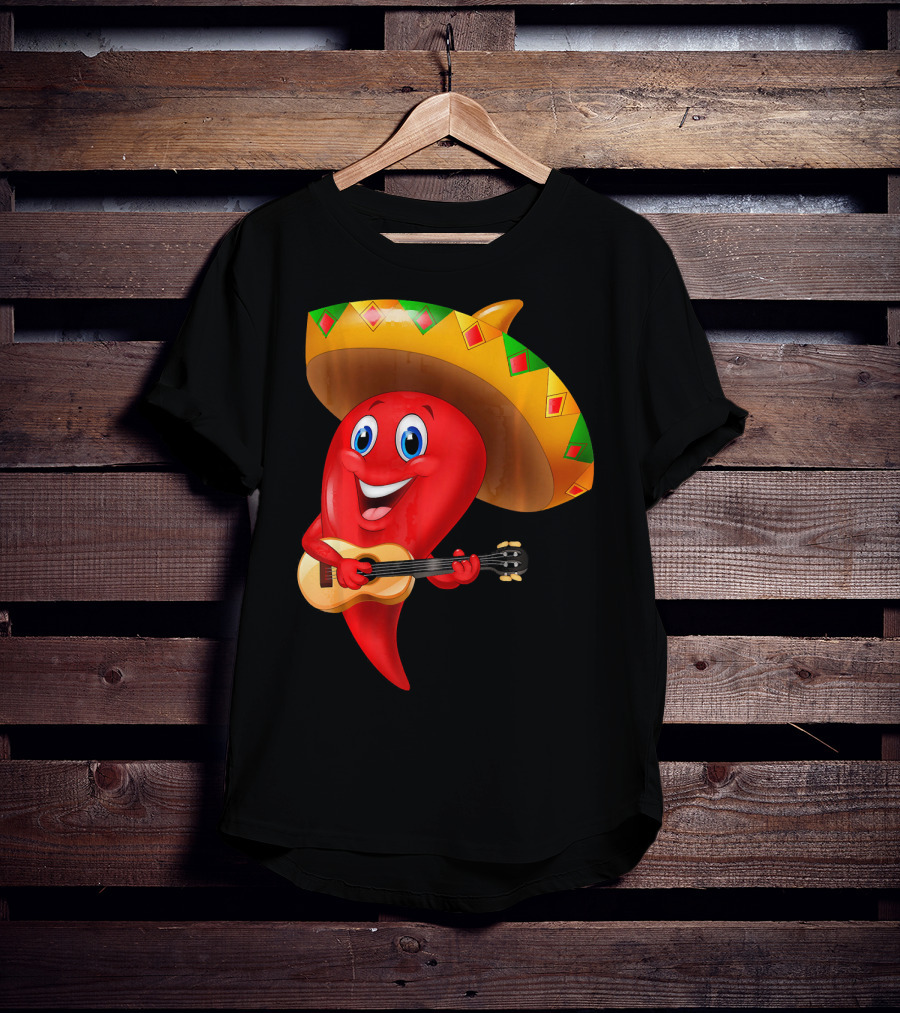 Cute Chili Pepper Wearing Sombrero Playing Guitar Mexico T-Shirt