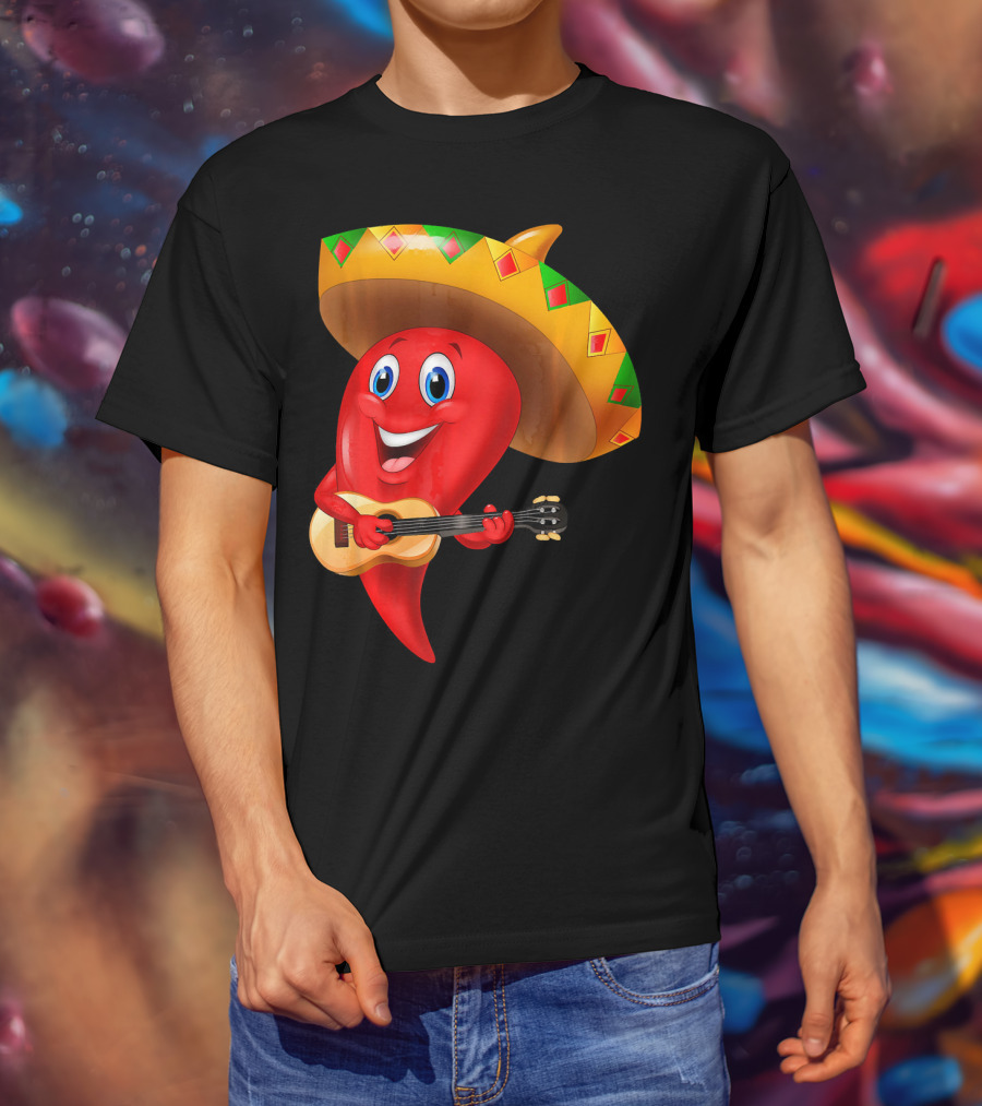 Cute Chili Pepper Wearing Sombrero Playing Guitar Mexico T-Shirt
