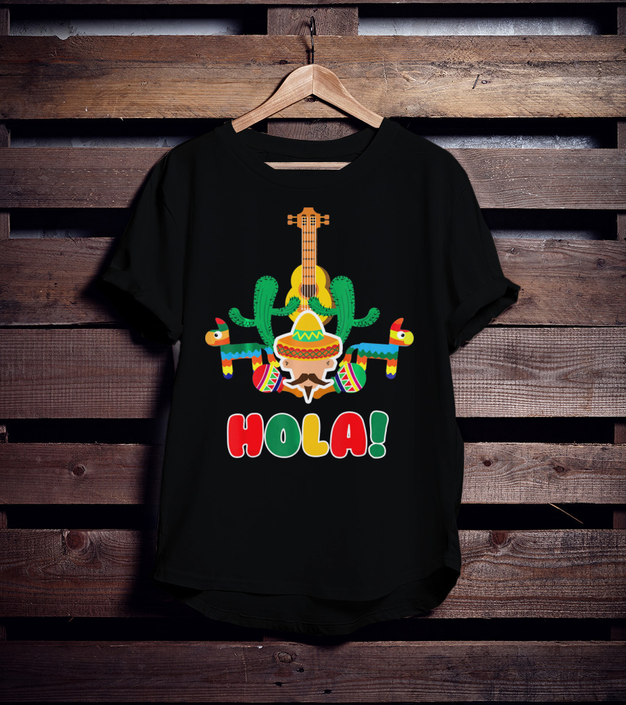 Hola Mexican Sombrero Guitar Cactus Piñata Fiesta T-Shirt