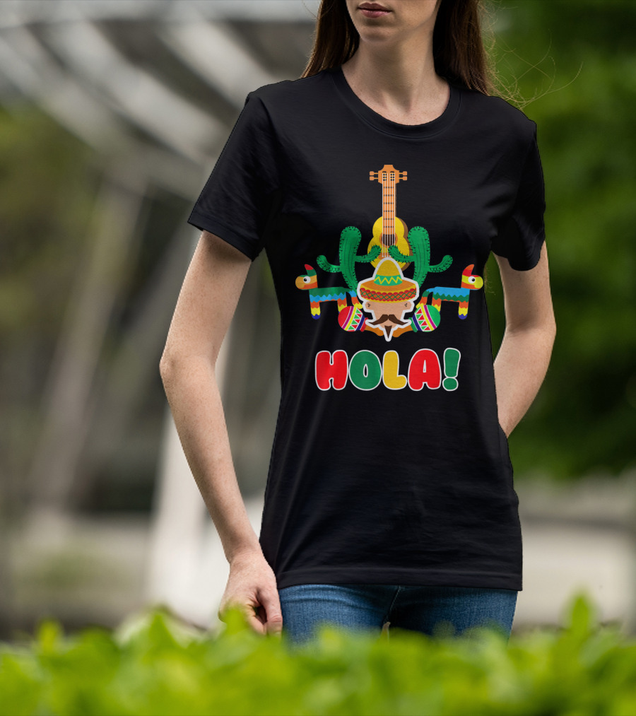 Hola Mexican Sombrero Guitar Cactus Piñata Fiesta T-Shirt