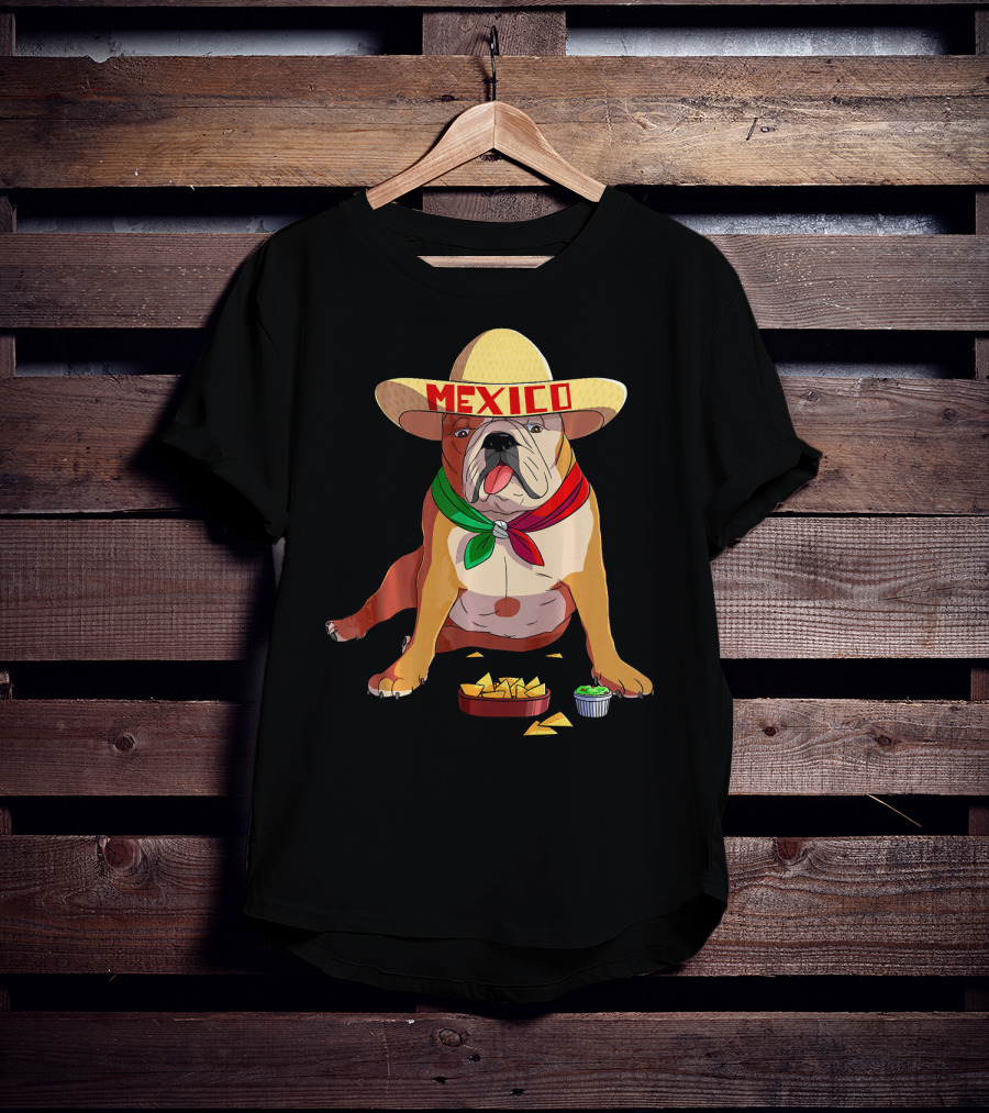 Cinco De Mayo Mexican Bulldog Wearing Sombrero With Chips And Salsa T-Shirt