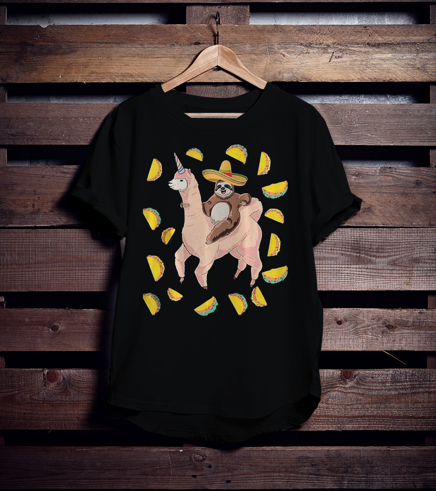 Cinco De Mayo Llamacorn With Sombrero-Wearing Sloth Surrounded By Tacos T-Shirt