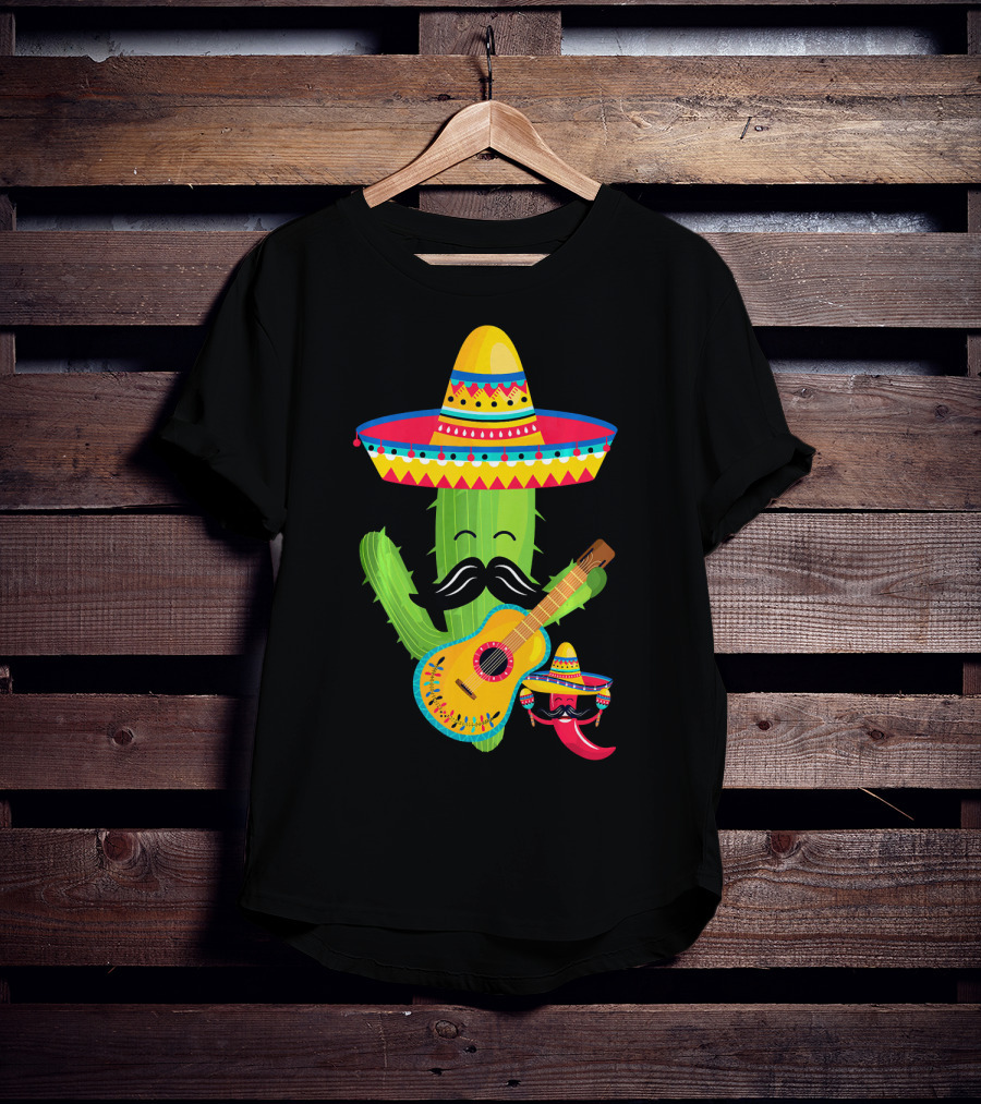 Cute Mustache Cactus With Sombrero Playing Guitar Mexican Fiesta Fun T-Shirt
