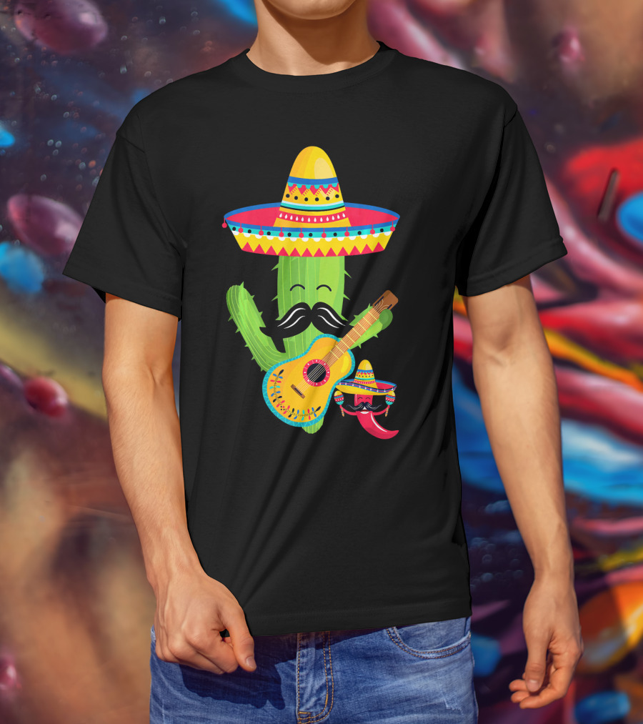 Cute Mustache Cactus With Sombrero Playing Guitar Mexican Fiesta Fun T-Shirt