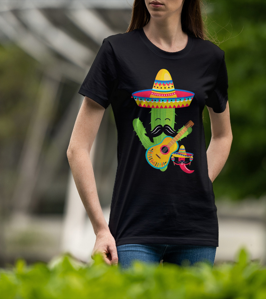 Cute Mustache Cactus With Sombrero Playing Guitar Mexican Fiesta Fun T-Shirt