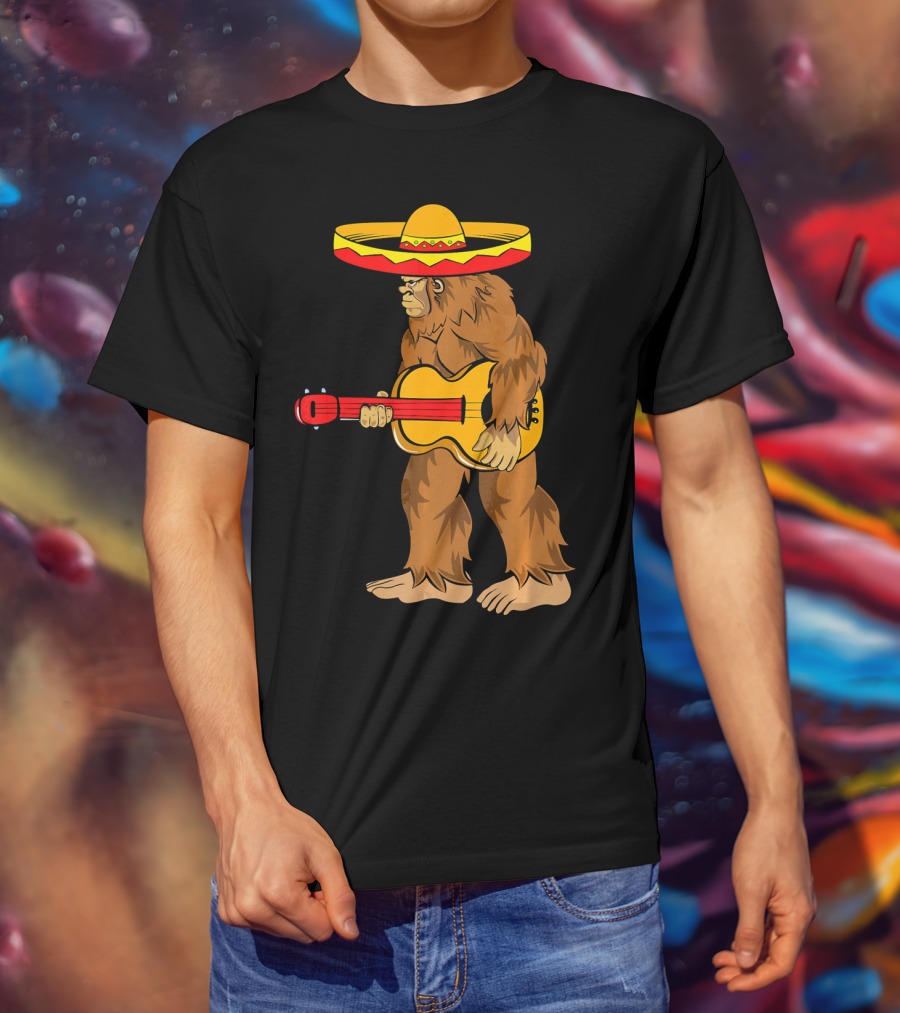 Bigfoot Carrying Guitar Cinco De Mayo Sombrero T-Shirt