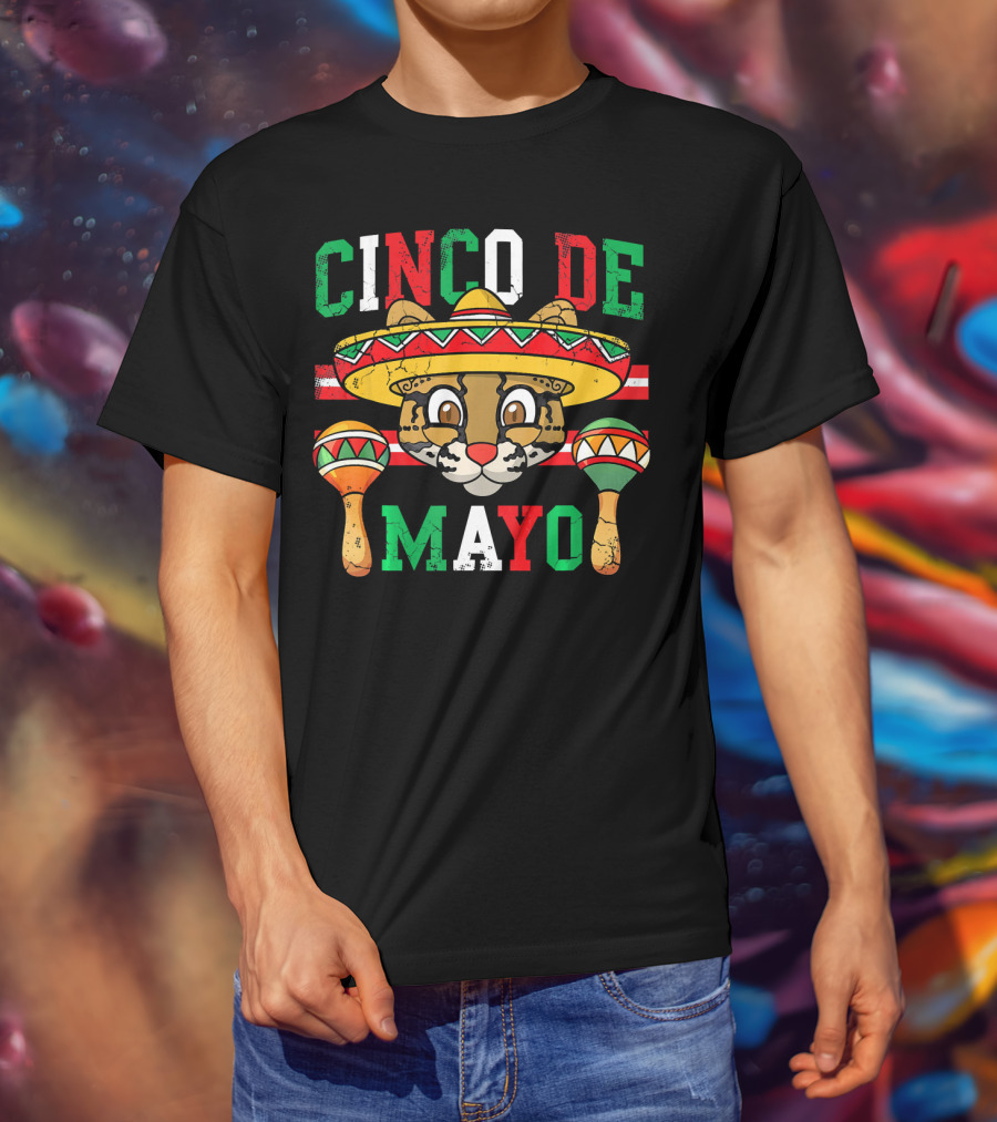 Cinco De Mayo Ocelot Cat Sombrero Maracas Festive T-Shirt