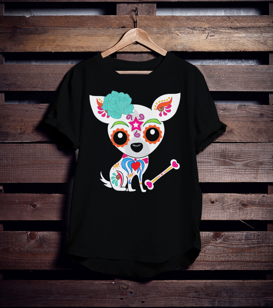 Cinco De Mayo Sugar Skull Chihuahua With Floral Bone And Colorful Flower T-Shirt