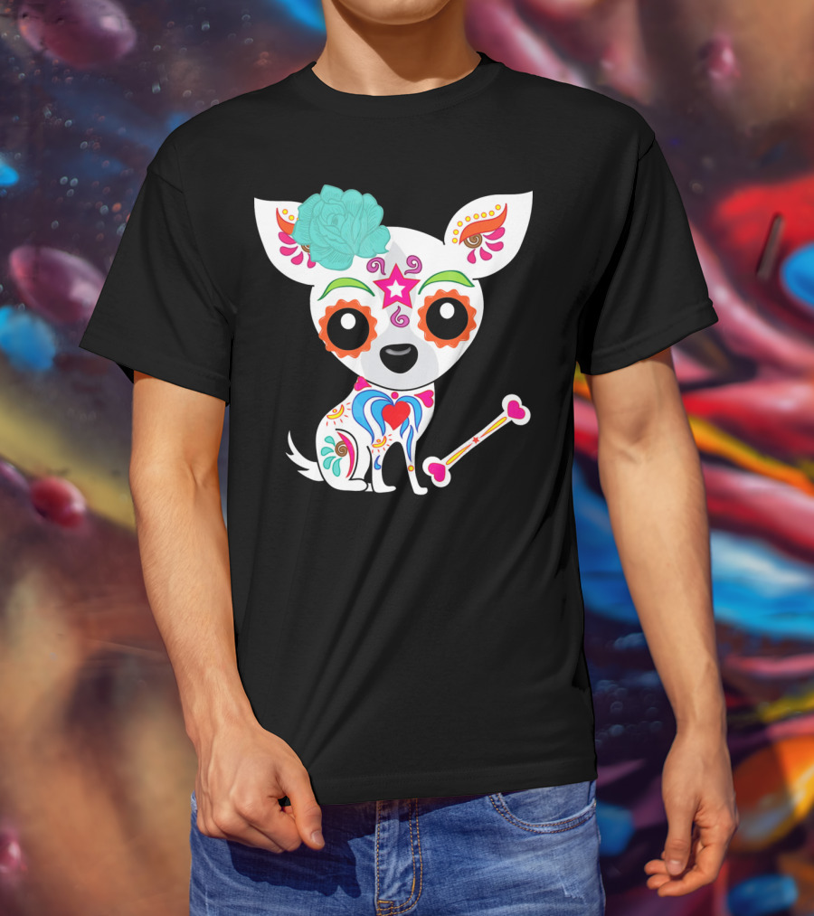 Cinco De Mayo Sugar Skull Chihuahua With Floral Bone And Colorful Flower T-Shirt