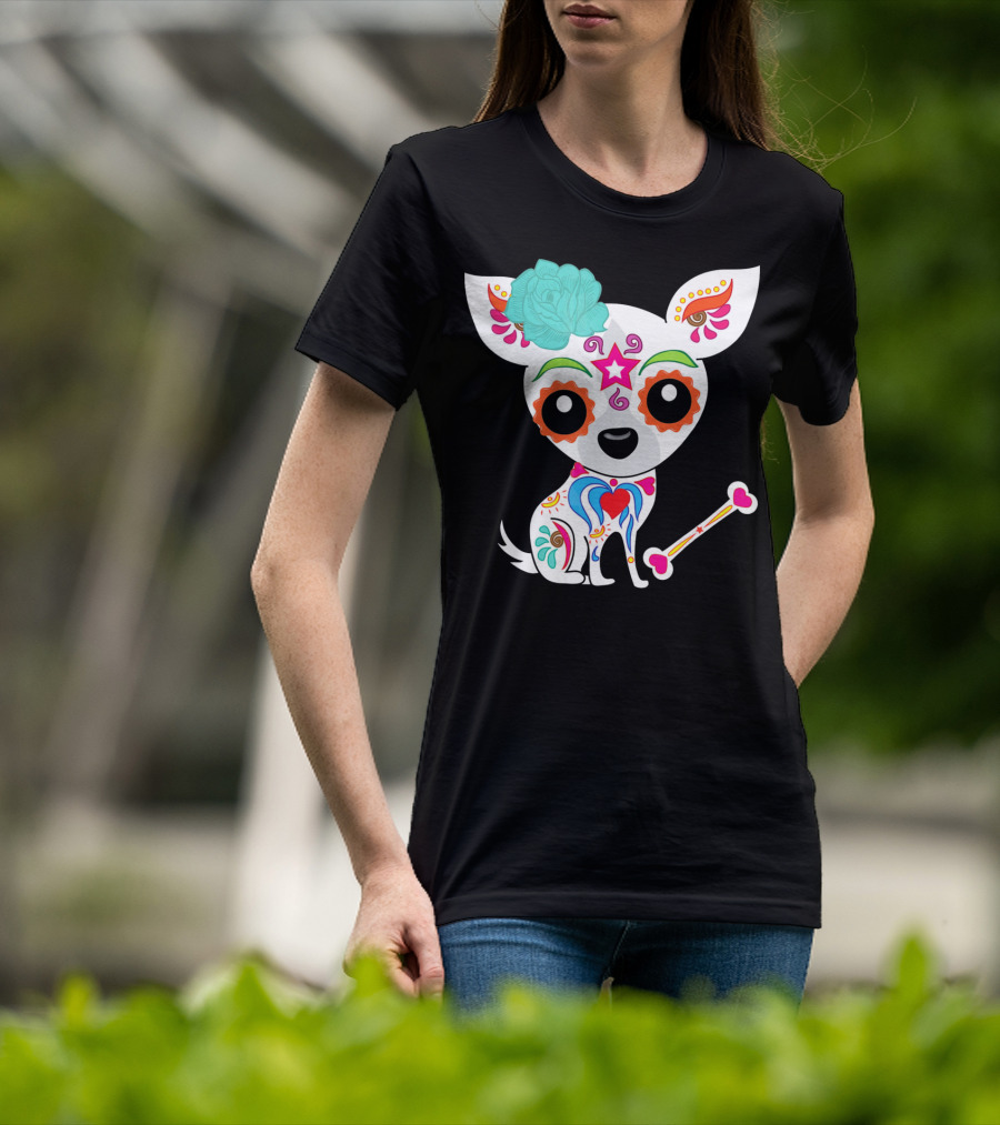 Cinco De Mayo Sugar Skull Chihuahua With Floral Bone And Colorful Flower T-Shirt