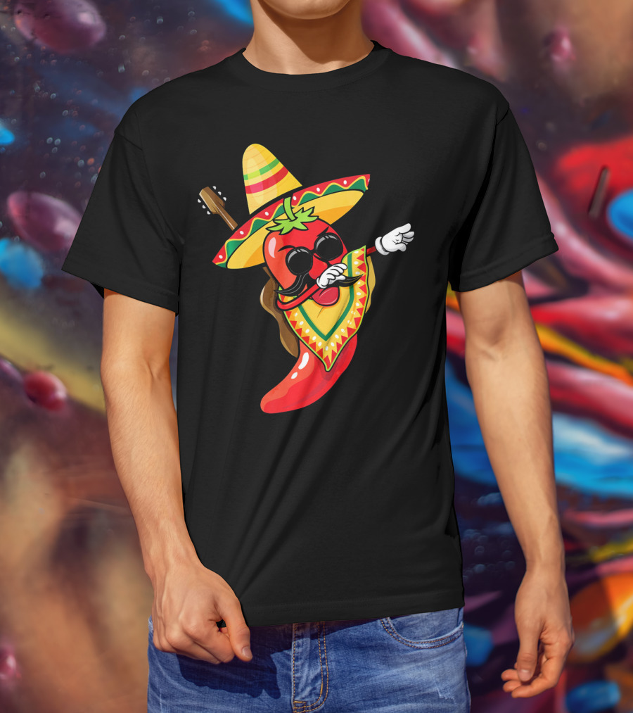 Mexican Poncho Cinco De Mayo Dabbing Jalapeño Sombrero Mustache Guitar T-Shirt