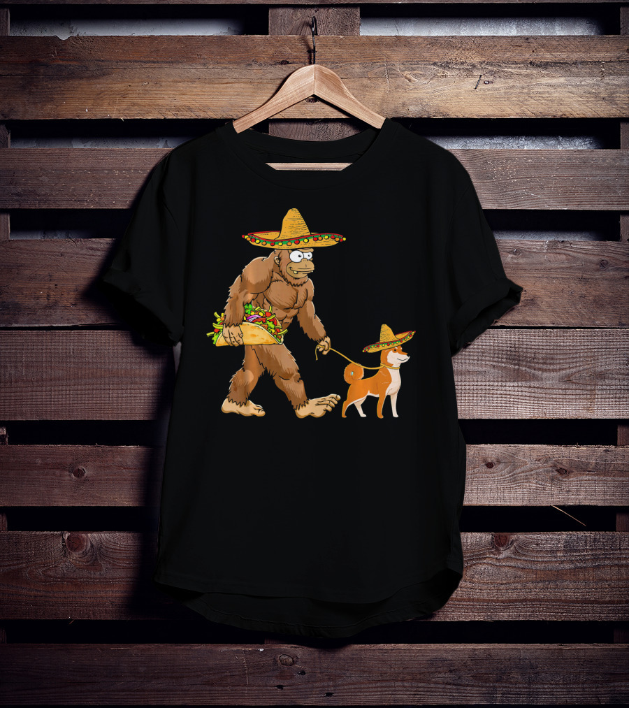 Bigfoot Taco Sombrero Shiba Inu Dog Cinc Walking Cartoon T-Shirt