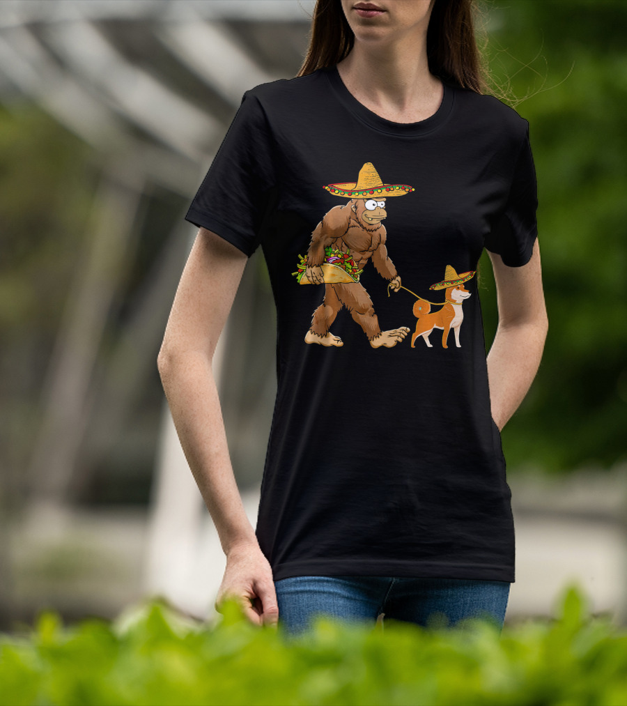 Bigfoot Taco Sombrero Shiba Inu Dog Cinc Walking Cartoon T-Shirt