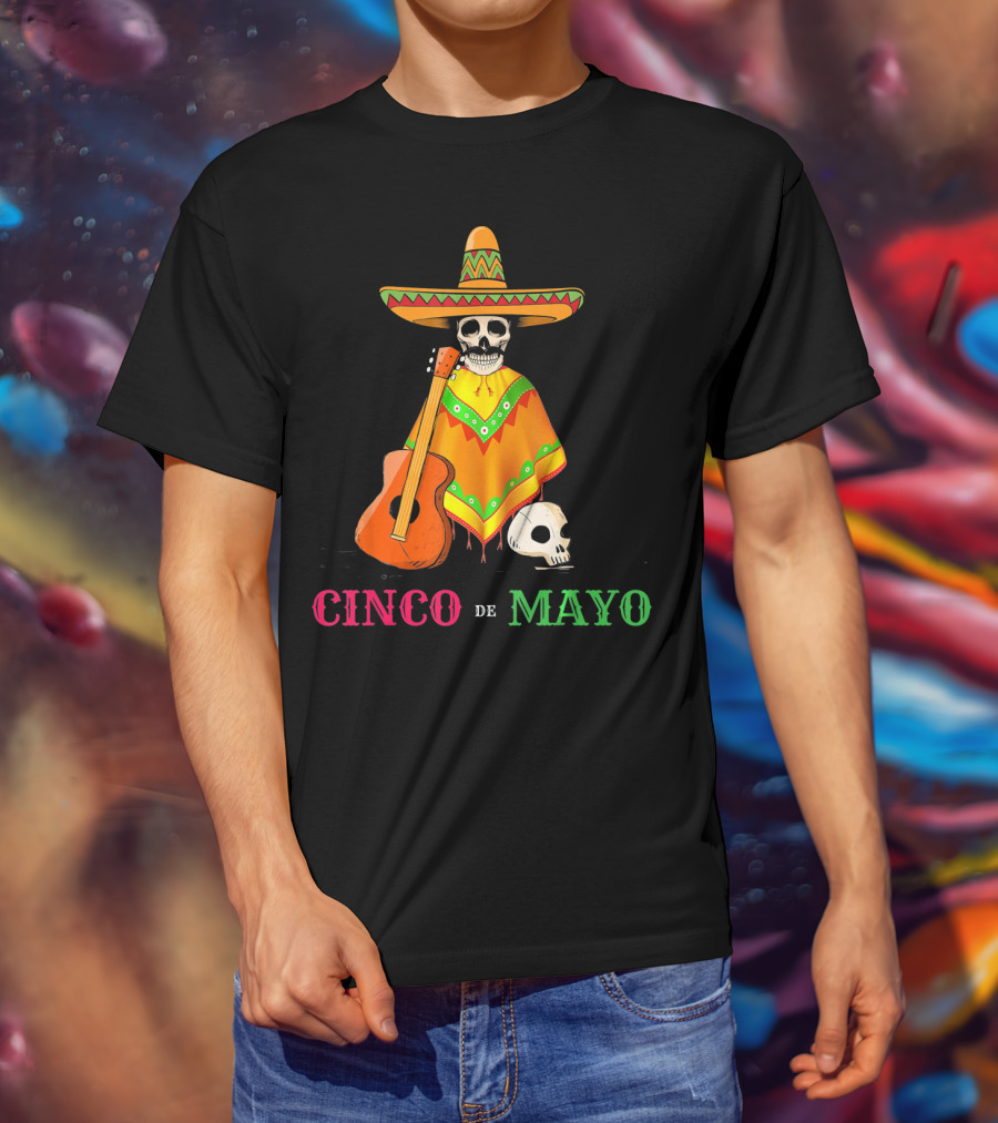 Cinco De Mayo Sombrero Skull Poncho Guitar T-Shirt