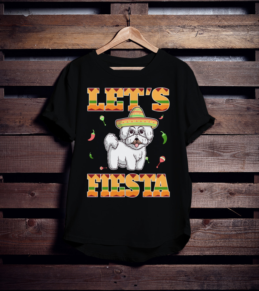 Let's Fiesta Bichon Frise Dog Cinco De Mayo Sombrero Peppers Maracas T-Shirt