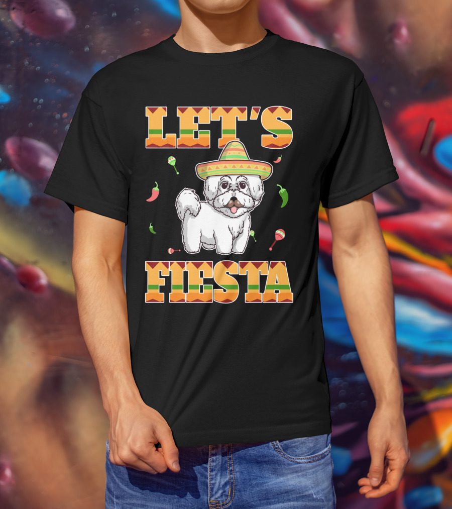 Let's Fiesta Bichon Frise Dog Cinco De Mayo Sombrero Peppers Maracas T-Shirt