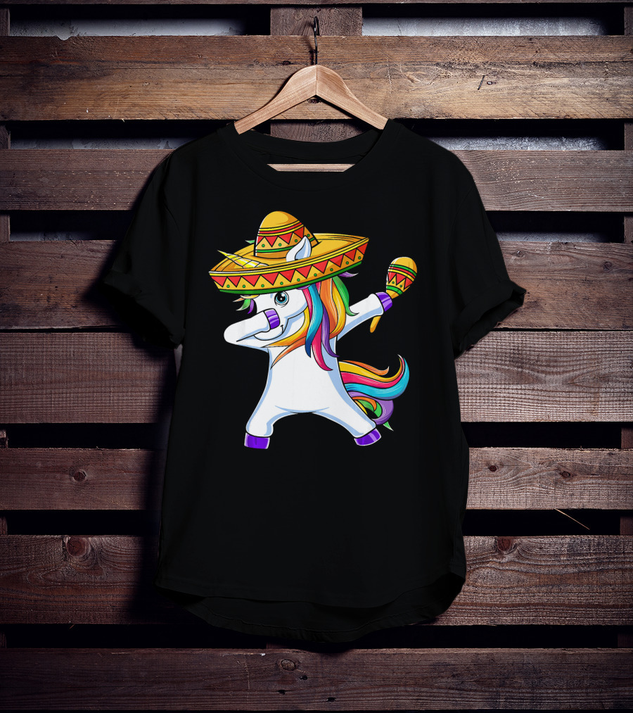 Dabbing Unicorn Cinco De Mayo Girls Sombrero And Maracas T-Shirt