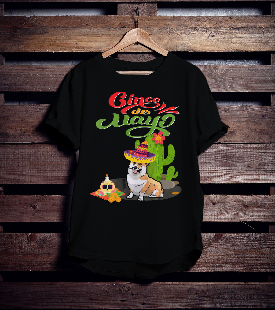 Cinco De Mayo Corgi Dog Fiesta With Sombrero And Cactus T-Shirt