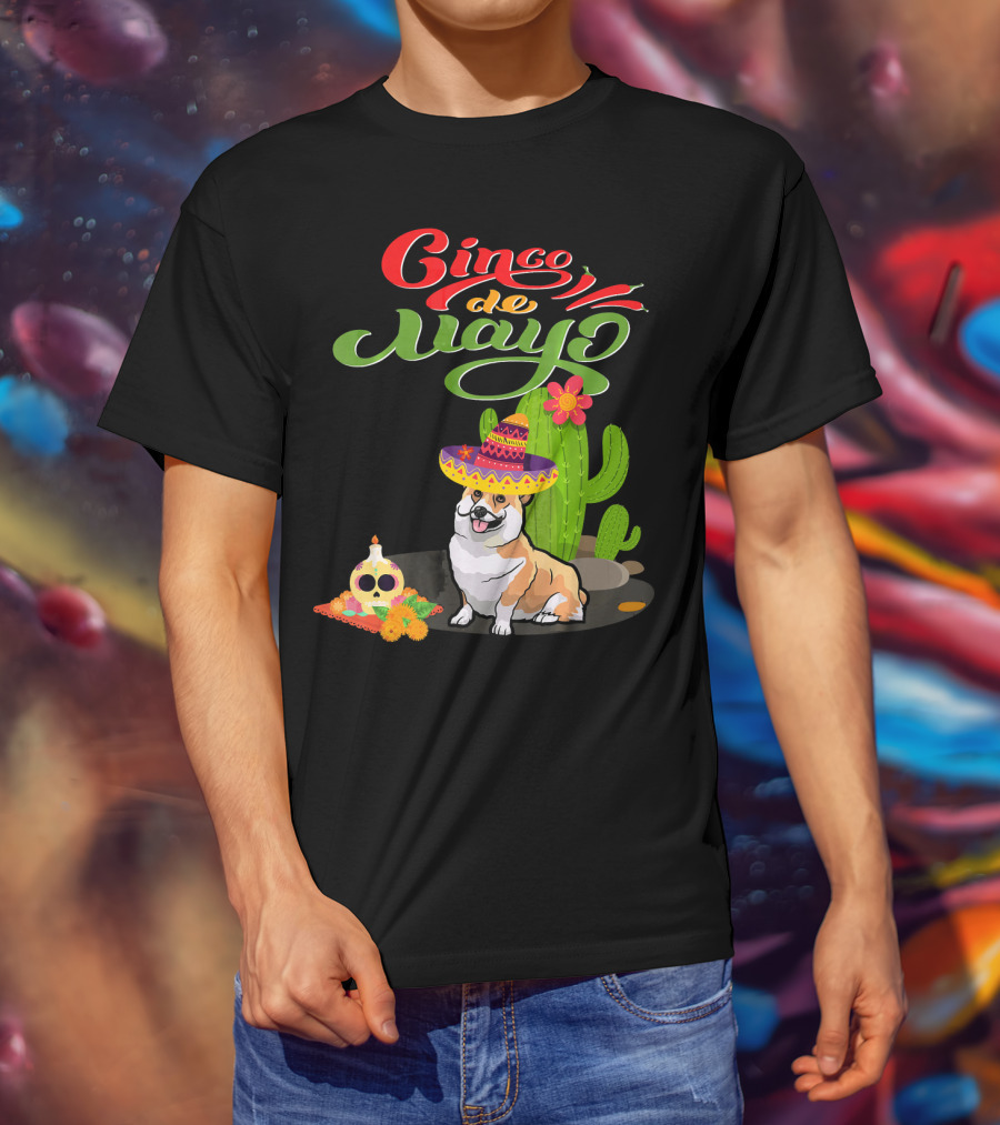 Cinco De Mayo Corgi Dog Fiesta With Sombrero And Cactus T-Shirt