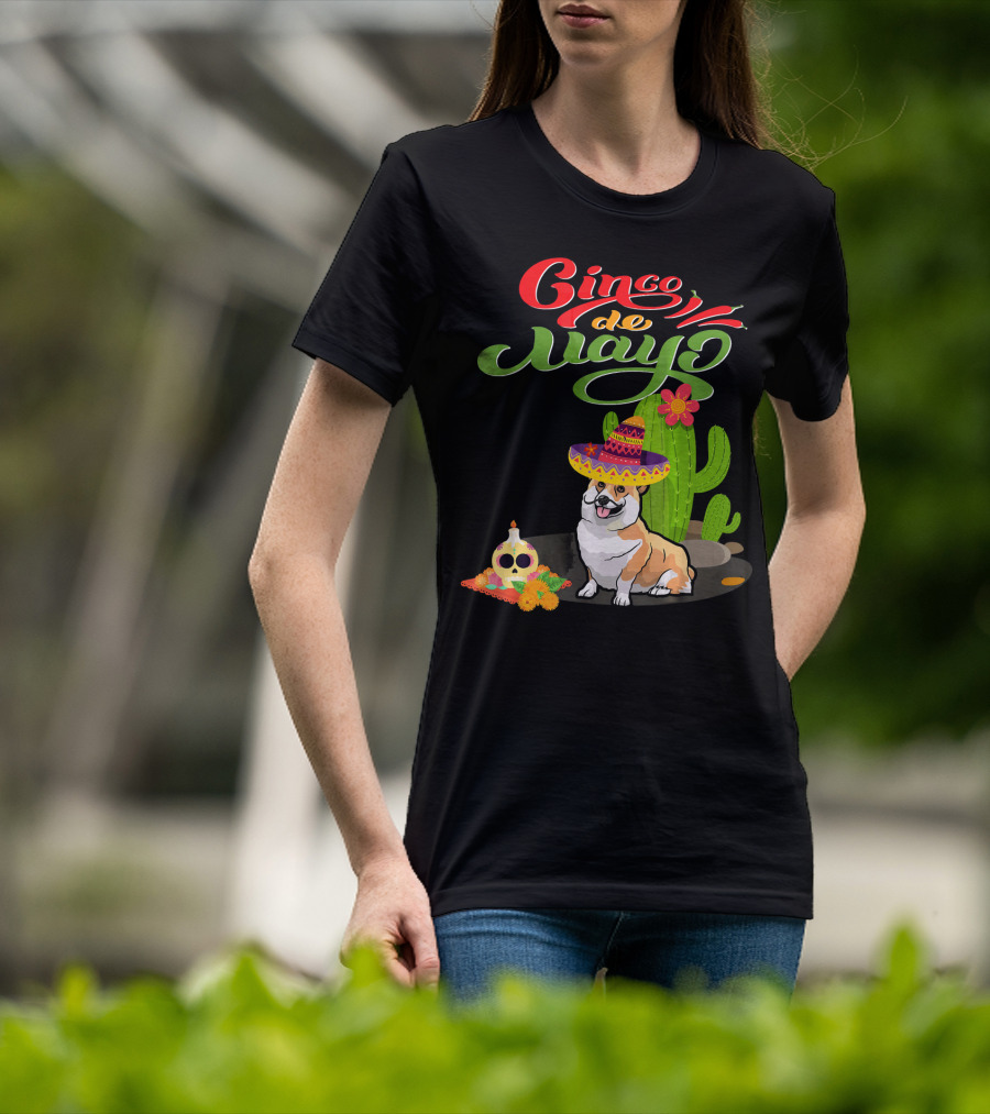 Cinco De Mayo Corgi Dog Fiesta With Sombrero And Cactus T-Shirt