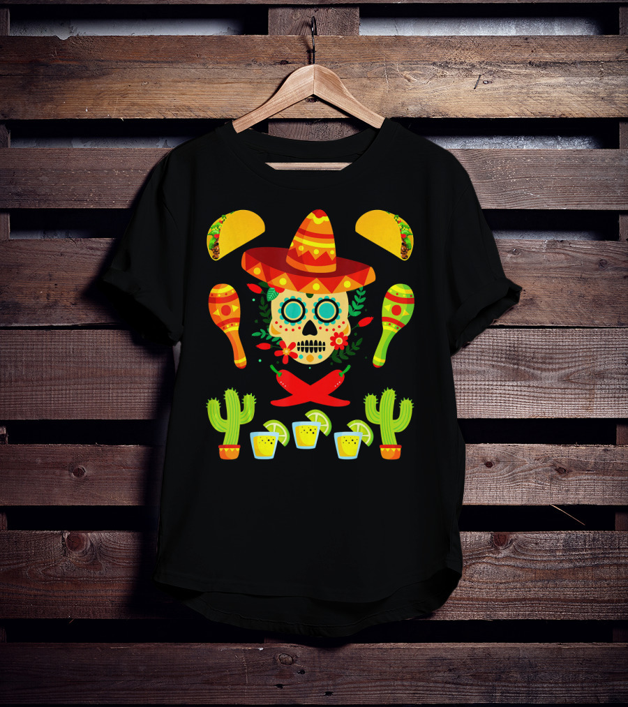 Fiesta Cinco De Mayo Sombrero Cactus Maracas Tacos Skull Peppers Shots Lime T-Shirt