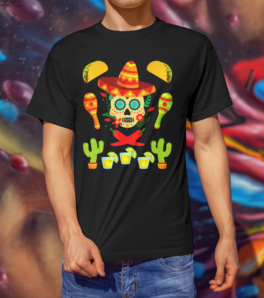 Fiesta Cinco De Mayo Sombrero Cactus Maracas Tacos Skull Peppers Shots Lime T-Shirt