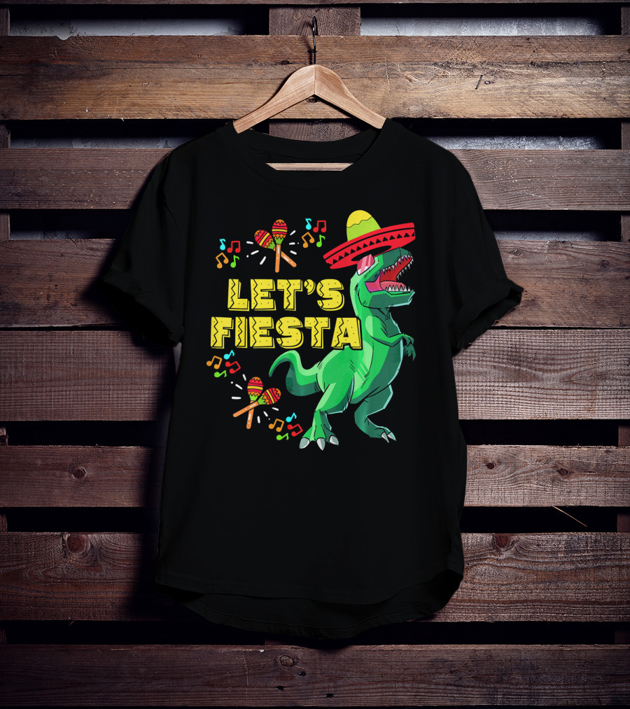 Let's Fiesta Cinco De Mayo Dino Sombrero Maracas Music Notes T-Shirt