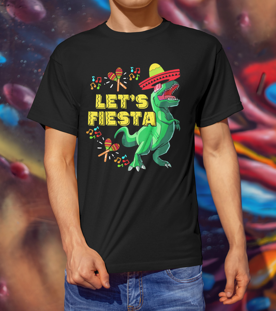 Let's Fiesta Cinco De Mayo Dino Sombrero Maracas Music Notes T-Shirt