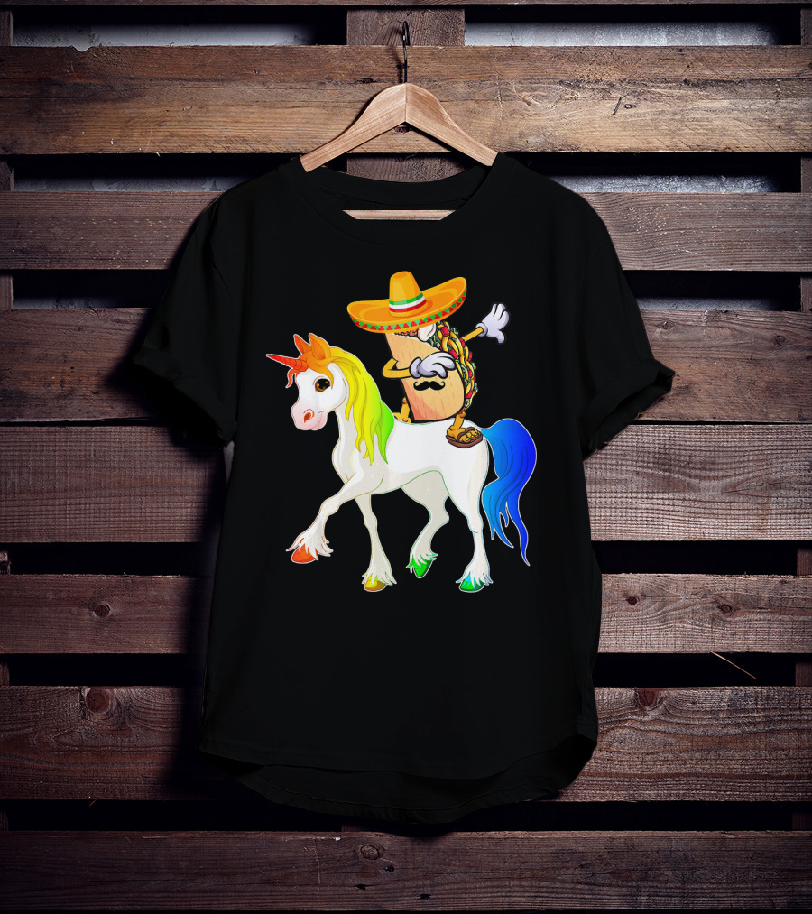 Dabbing Taco Sombrero With Mustache Riding Colorful Unicorn Fun T-Shirt