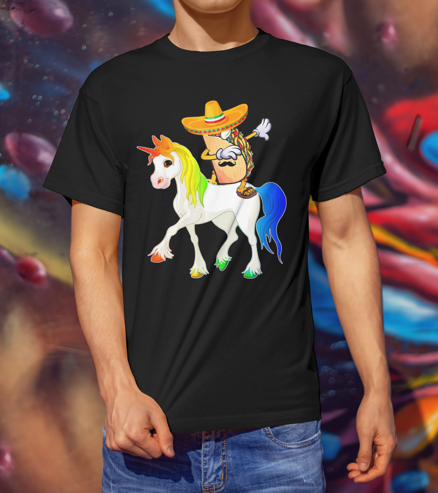 Dabbing Taco Sombrero With Mustache Riding Colorful Unicorn Fun T-Shirt