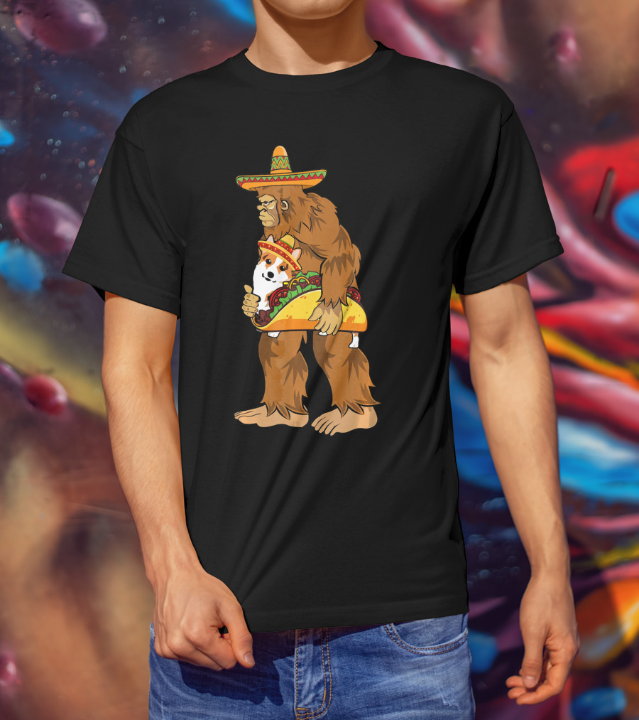Bigfoot Sombrero Carry Corgi Taco Cinco De Mayo Humor T-Shirt