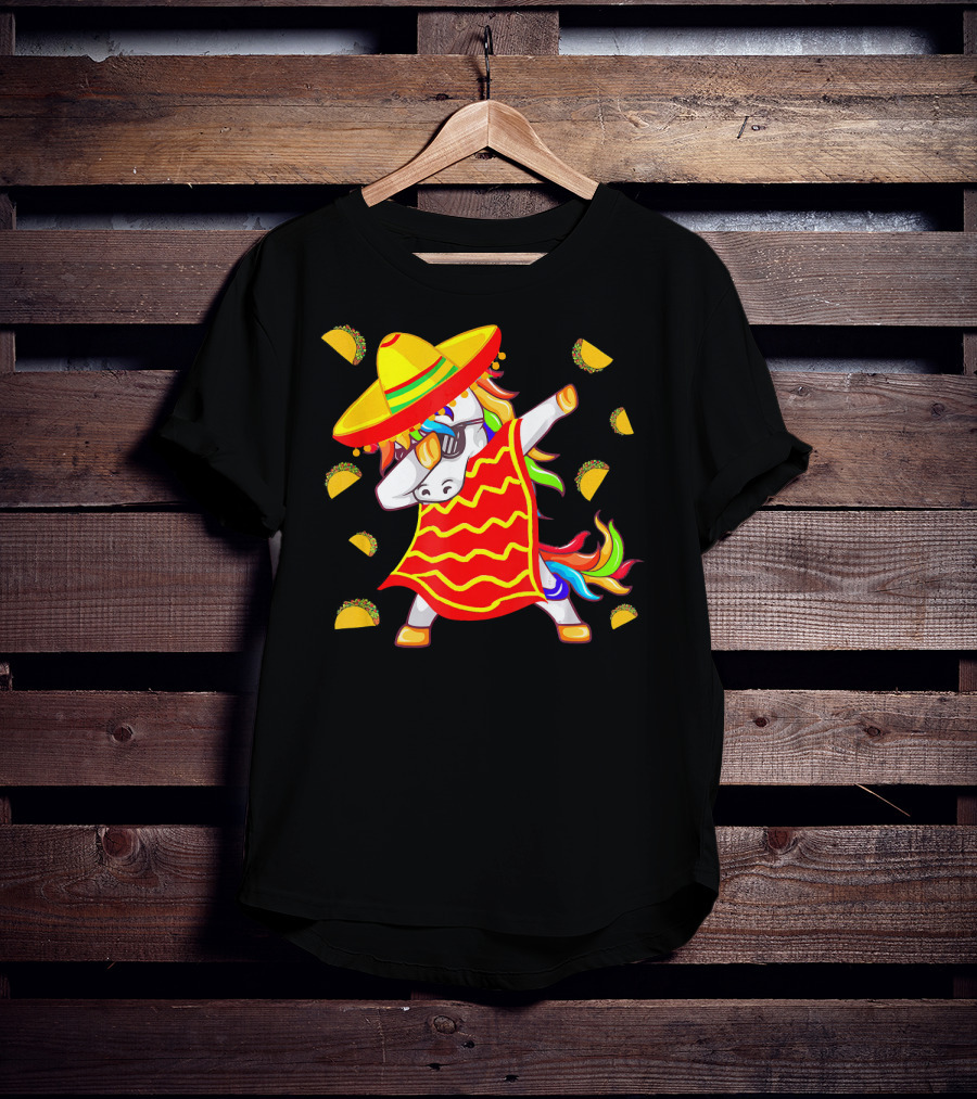 Unicorn Dabbing In Mexican Poncho With Sombrero Surrounded By Tacos T-Shirt