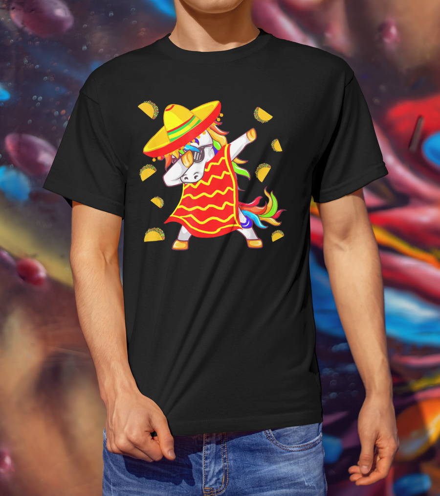 Unicorn Dabbing In Mexican Poncho With Sombrero Surrounded By Tacos T-Shirt