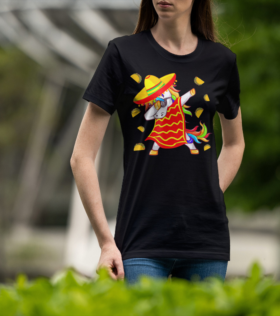 Unicorn Dabbing In Mexican Poncho With Sombrero Surrounded By Tacos T-Shirt
