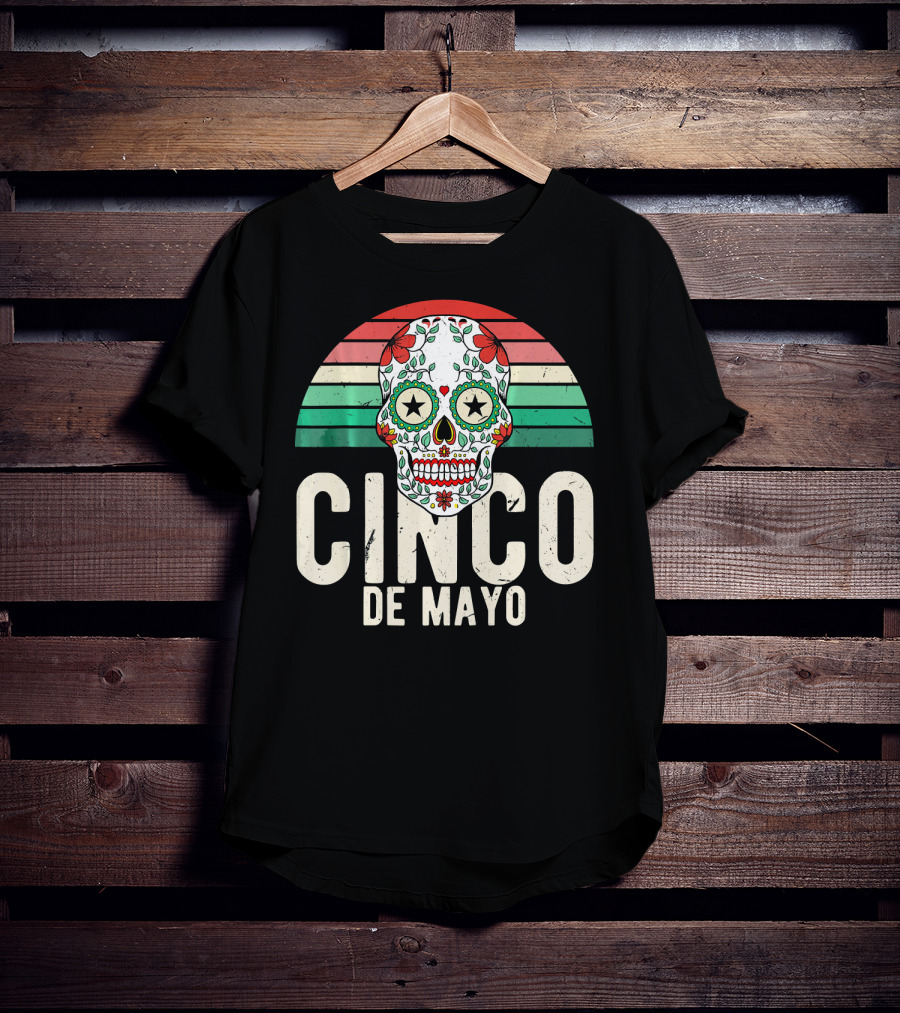 Cinco De Mayo Sugar Skull Retro Stripes T-Shirt