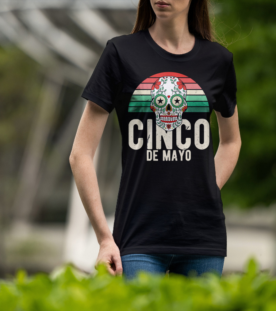 Cinco De Mayo Sugar Skull Retro Stripes T-Shirt