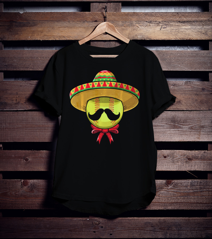 Cinco De Mayo Mexican Sombrero Softball Mustache Red Bow T-Shirt