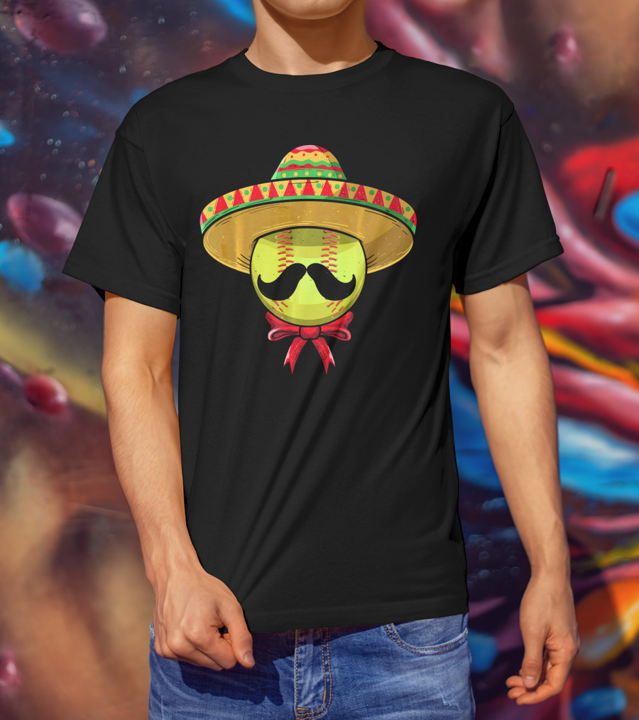 Cinco De Mayo Mexican Sombrero Softball Mustache Red Bow T-Shirt