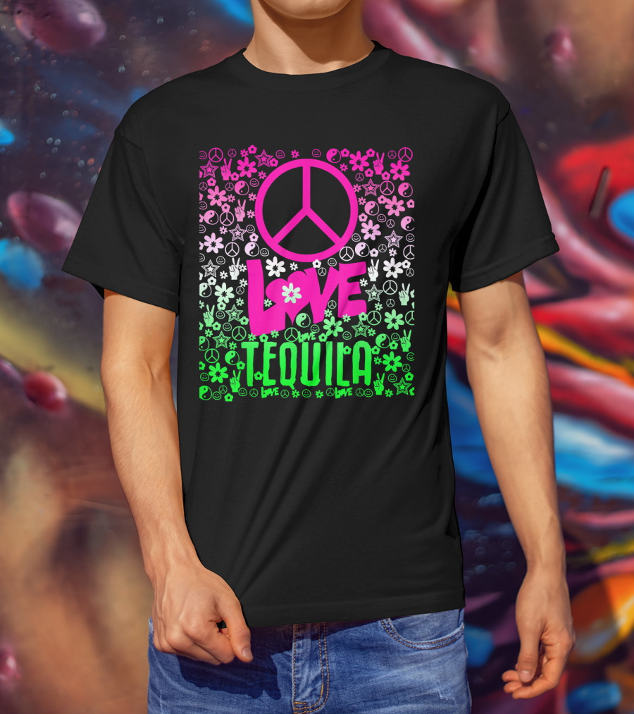 Peace Love Tequila Hippie Style Cinco De Mayo Festive Symbols Icons T-Shirt