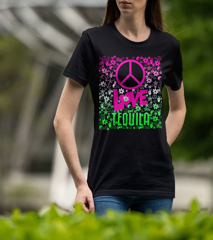 Peace Love Tequila Hippie Style Cinco De Mayo Festive Symbols Icons T-Shirt