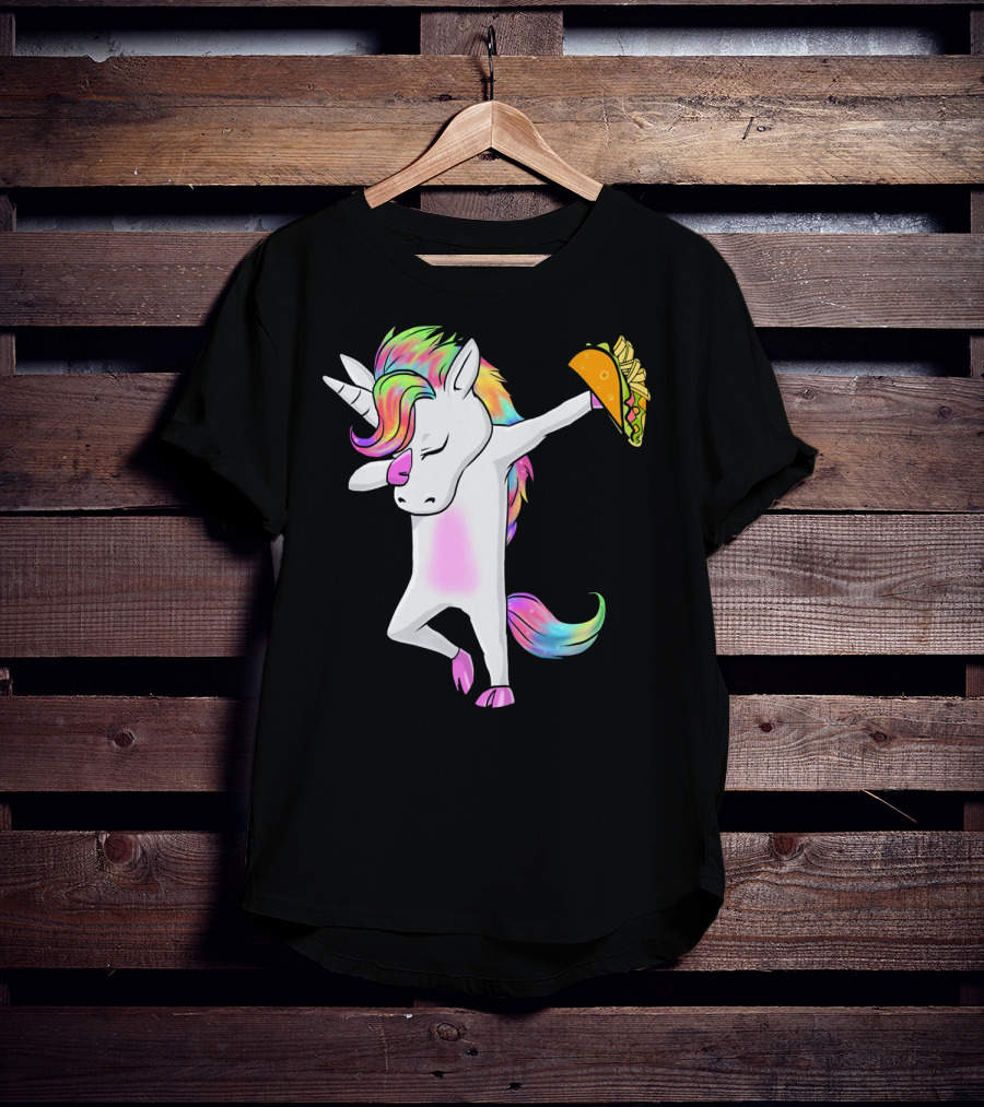 Unicorn Dabbing With Rainbow Mane Holding Tacos T-Shirt