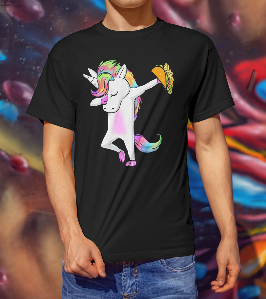 Unicorn Dabbing With Rainbow Mane Holding Tacos T-Shirt