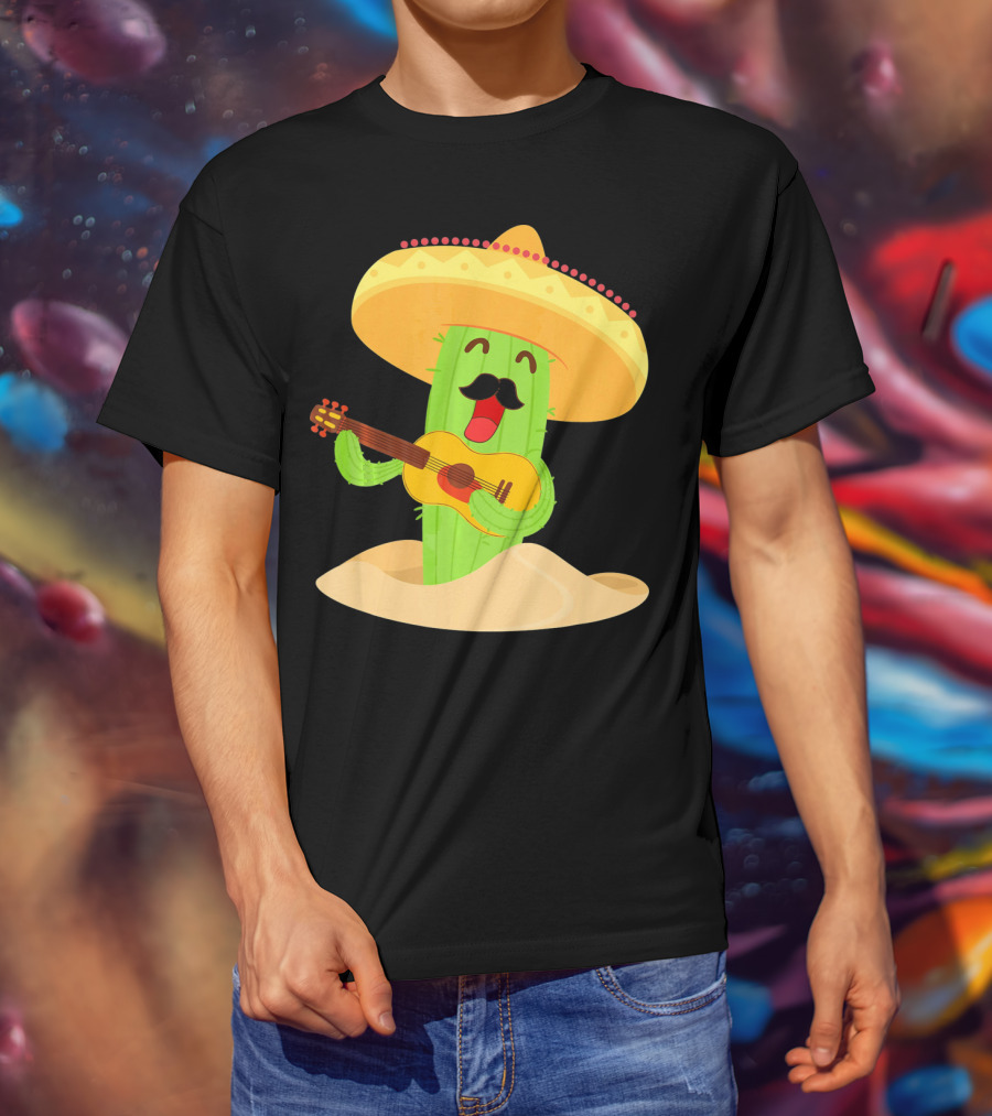 Happy Cinco De Mayo Cactus Guitarist With Sombrero T-Shirt