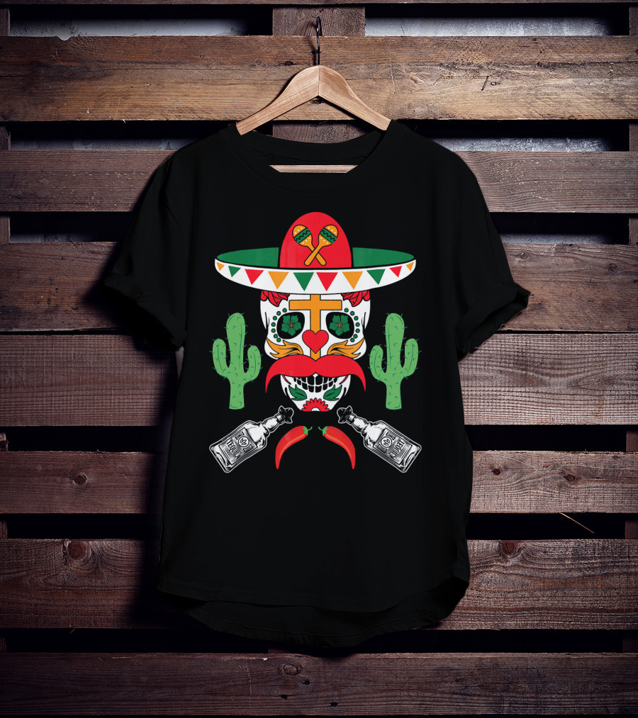 Cinco De Mayo Sugar Skull Sombrero Cactus With Tequila And Peppers T-Shirt