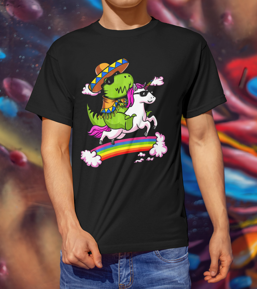 T Rex Dinosaur Riding Unicorn Cinco De Mayo Rainbow Sombrero Sunglasses T-Shirt